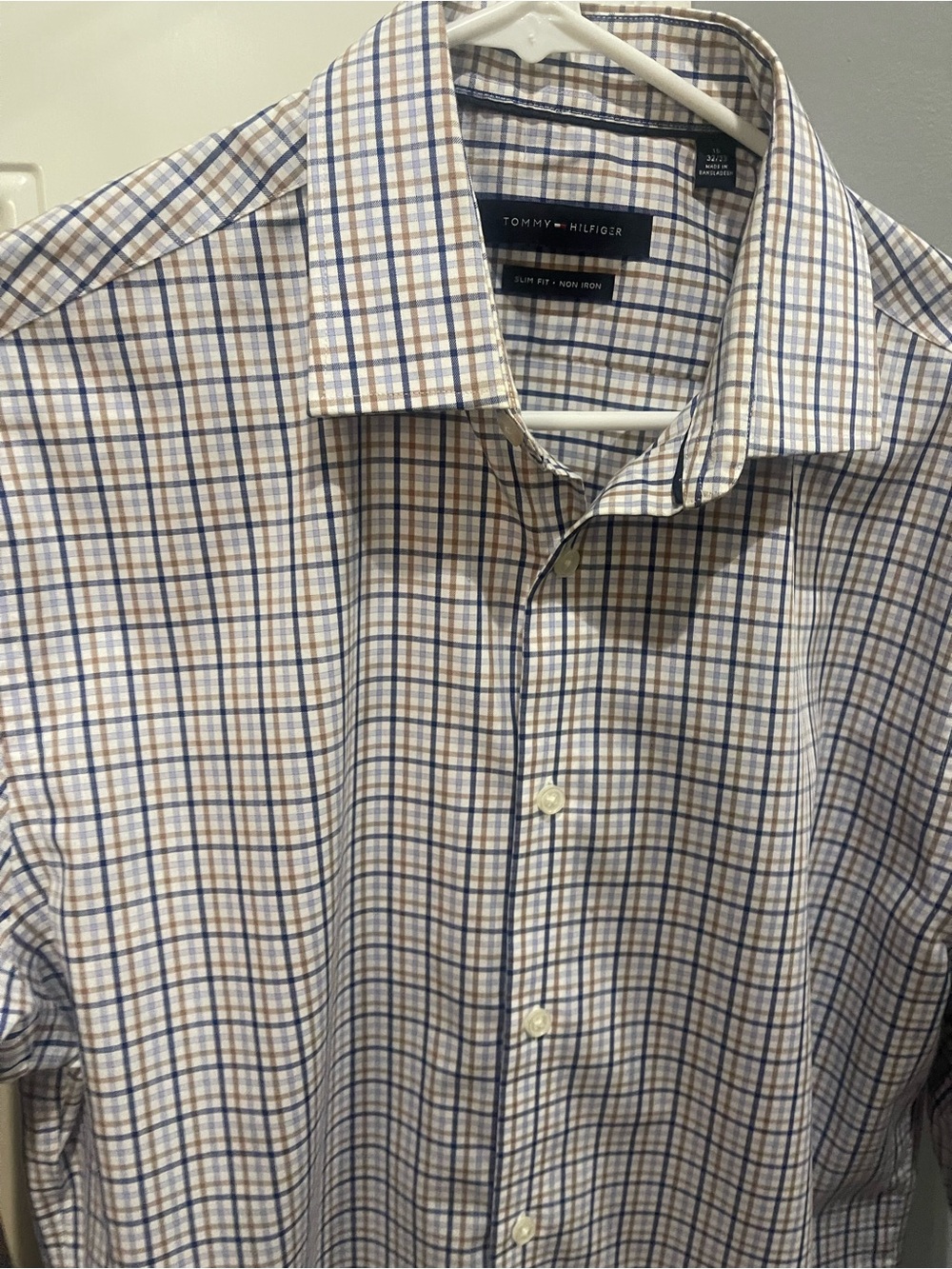 Tommy Hilfiger Blue and Brown Checked Men's Dress Shirt Sz 16 - 32/33